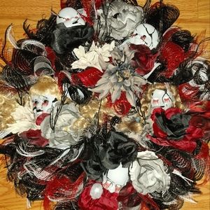 Creepy halloween doll wreath